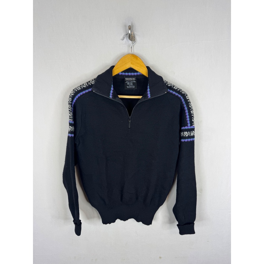 Vintage Meister Ski Womens M Black Wool Quarter Zip Fair Isle Nordic Sweater